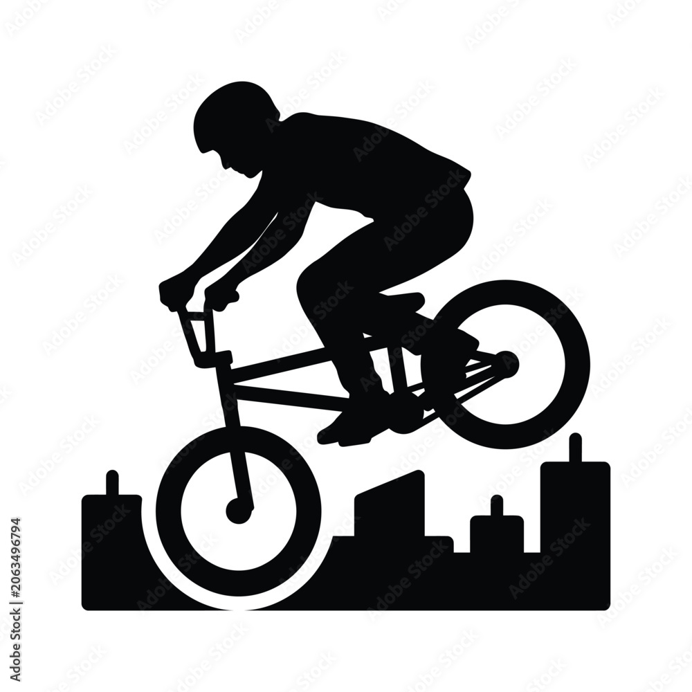 Obraz premium BMX cyclist performing stunt in city park against urban skyline background.