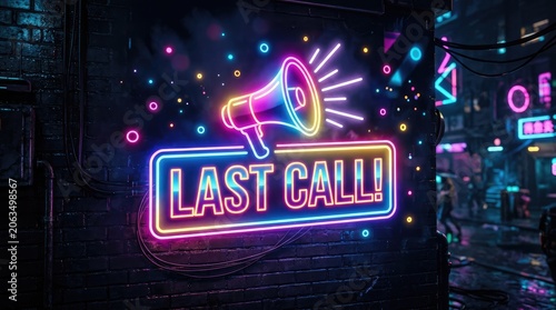 Neon last call sign with megaphone on brick wall at night