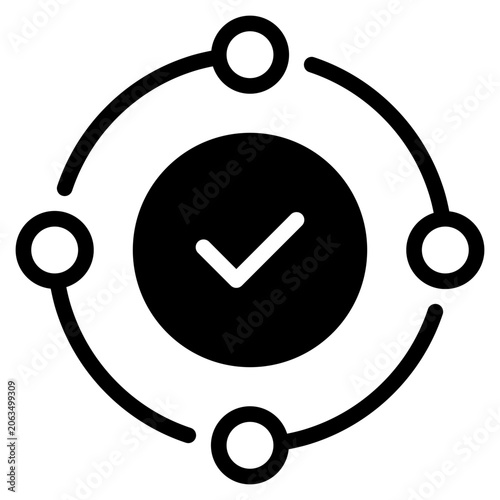 Flat vector illustration of an orange checkmark inside a circle with four orbiting dots, suitable for design, marketing, and infographic use.