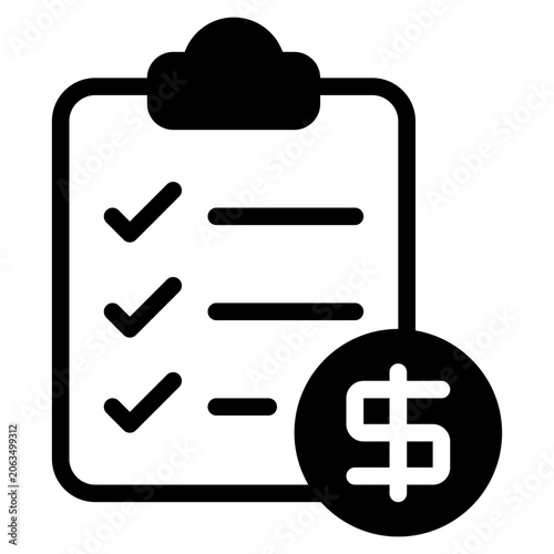 Flat vector illustration of a checklist clipboard with check marks and a dollar sign, suitable for finance, budgeting, and task management designs.
