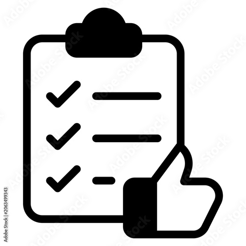 Flat vector illustration of a checklist clipboard with check marks and a thumbs up icon, suitable for web design, presentations, and marketing materials.