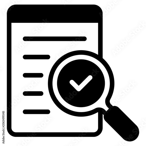Flat vector illustration of a checklist with a magnifying glass highlighting a check mark, suitable for presentations, infographics, and web design.