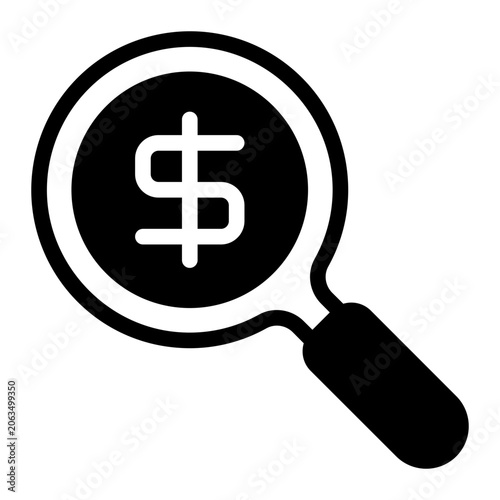 Flat vector illustration of an orange magnifying glass focusing on a dollar sign, suitable for finance, search, and business design projects.