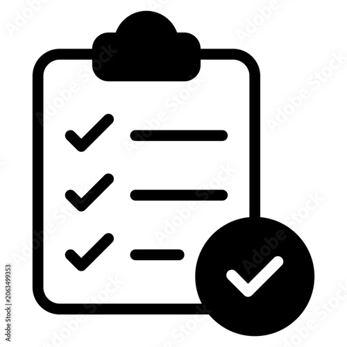 Flat vector illustration of a checklist clipboard with three check marks and a large approval check symbol for business or productivity design.