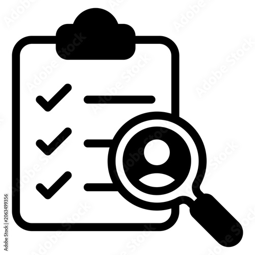 Flat vector illustration of a clipboard checklist with check marks and a magnifying glass highlighting a user icon, suitable for HR, recruitment, or task management designs.