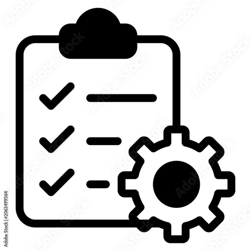 Flat vector illustration of a checklist clipboard with check marks and an orange gear, suitable for project management, settings, or task automation designs.