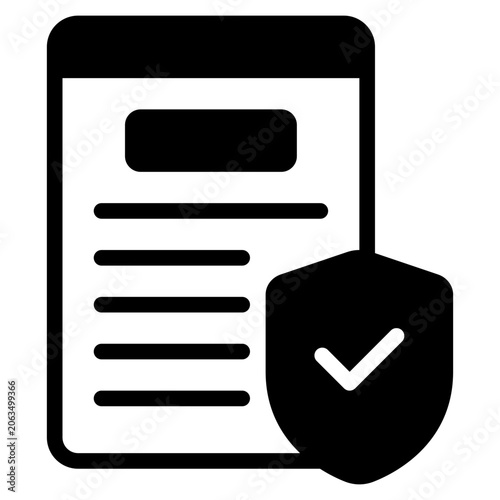 Flat vector illustration of a document with a shield and checkmark symbol, suitable for web design, security, compliance, and data protection concepts.