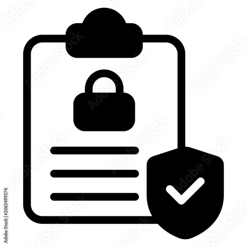 Flat design of a clipboard with a lock icon and a shield with a checkmark, symbolizing data security and protection for presentations or marketing.