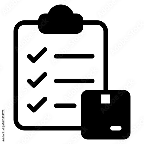 Flat vector illustration of a checklist clipboard with check marks and an orange package box, suitable for logistics, delivery, and inventory design use.