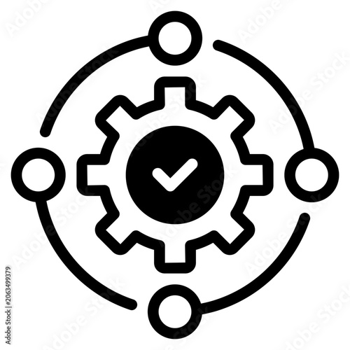 Flat vector illustration of an orange gear with a check mark inside, surrounded by four connected orange dots, suitable for business and technology design.
