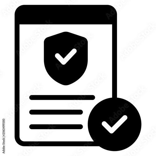 Illustration of a document featuring a shield with a check mark and an additional check mark icon, suitable for web design and security concepts.
