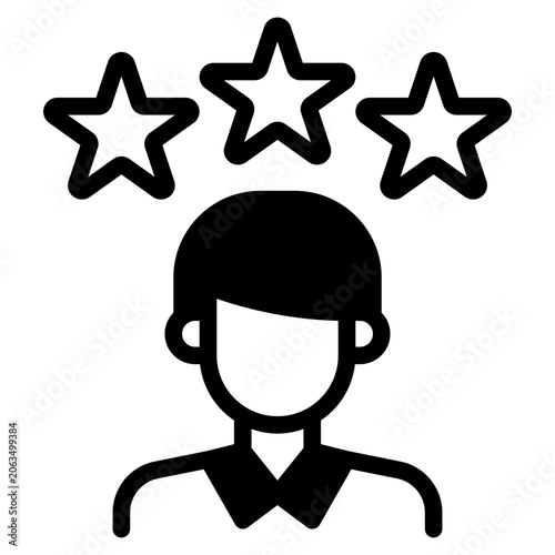 Flat vector illustration of a person with three orange stars above the head, suitable for rating, review, or quality concept designs.