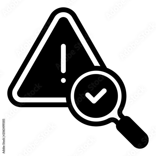 Flat vector illustration of a warning triangle with exclamation mark and magnifying glass showing a check mark for inspection or verification use.
