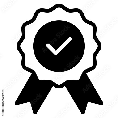 Flat vector illustration of an orange award ribbon with a white check mark, suitable for web design, presentations, and marketing materials.
