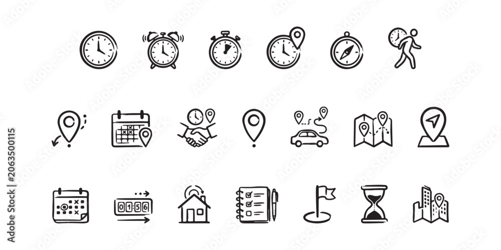 Fototapeta premium Time Management and Location Navigation Tracking Hand Drawn Sketch Vector Icon Set