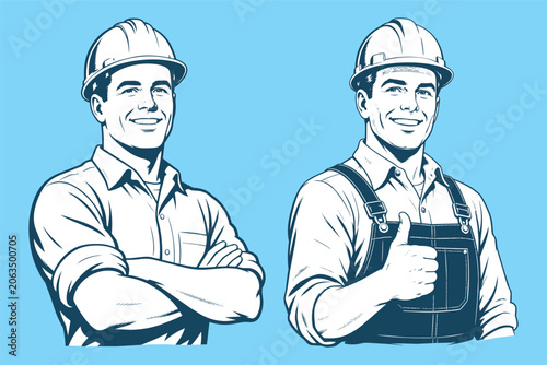 Retro vintage construction workers team in hard hats vector illustration