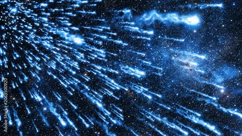 Glowing blue streaks in space galaxy.