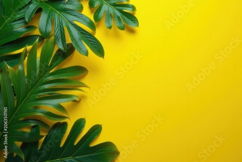 Golden yellow background, lush green tropical leaves Copy space , plant, wallpaper, bright