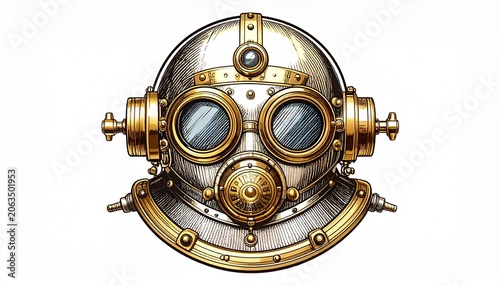 Ancient steampunk diving helmet with goggles and brass fittings on a white background