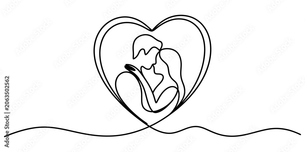 Obraz premium Continuous line drawing of a loving couple embracing inside a heart shape symbol Vector, illustration