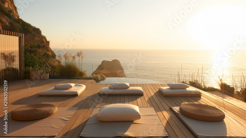 Luxury oceanfront meditation deck with cushions at golden sunrise coastal retreat