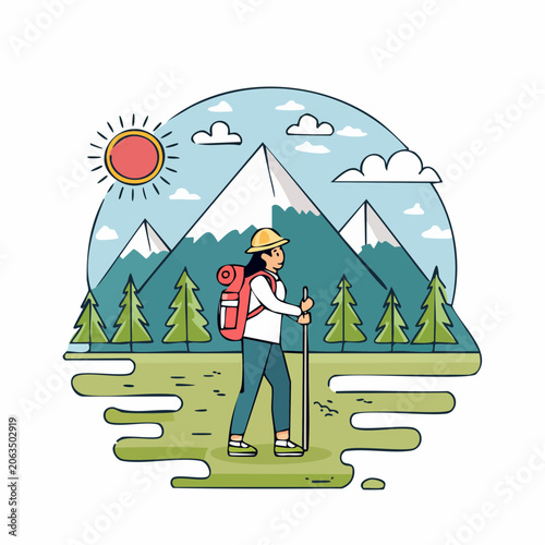 Hiker with Backpack and Poles in Mountain Landscape