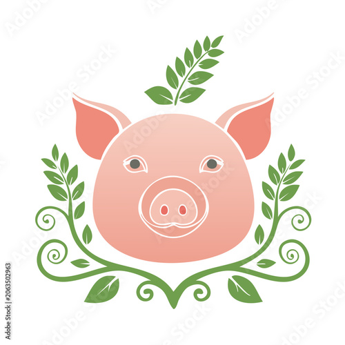 Pink Pig Face with Green Leaf and Vine Illustration