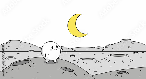 Foto Cute character on moon surface with crescent moon overhead