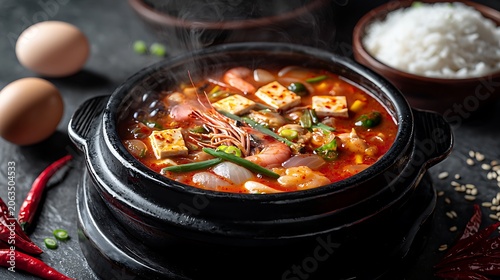 A black earthenware bowl (ttukbaegi) actively bubbling with sundubu-jjigae, intensely red, spicy stew with soft silky tofu cubes