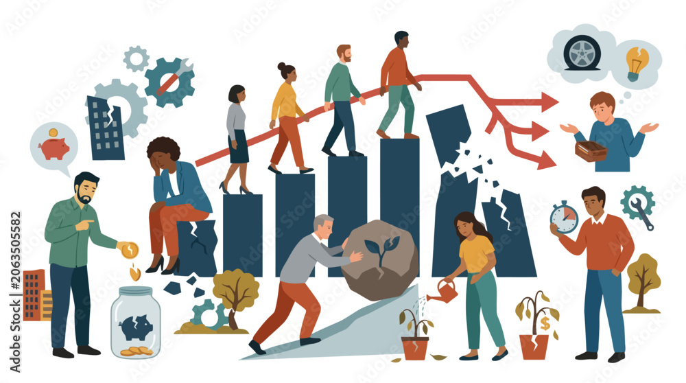 Fototapeta premium Diverse group of people facing economic crisis and financial challenges illustration. EPS Editable. Vector Illustrations.