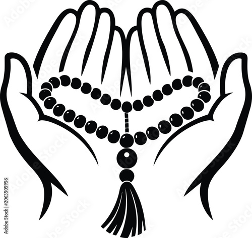 Spiritual Prayer Hands Vector – Black and White Minimalist Illustration of Cupped Palms Holding Rosary Beads in Heart Shape with Tassel – Meditation, Devotion, Mindfulness, Religious Symbol