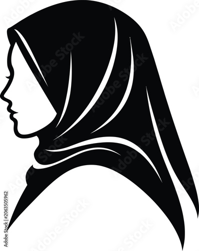 Hijab Silhouette Vector – Elegant Black and White Minimalist Profile Illustration of Woman in Headscarf with Smooth Flowing Lines – Cultural, Religious, and Stylish Graphic Art for Modern Design