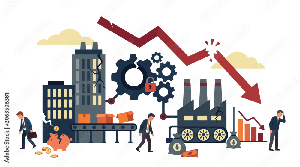 Fototapeta premium Industrial economic recession and manufacturing business decline concept illustration. EPS Editable. Vector Illustrations.