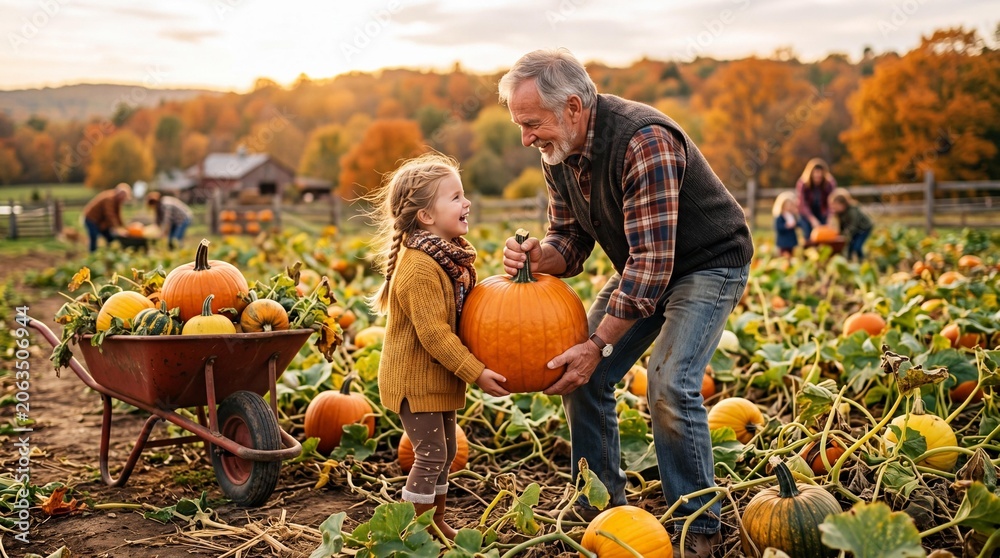 Fototapeta premium Grandfather and granddaughter holding a large pumpkin at an autumn patch.