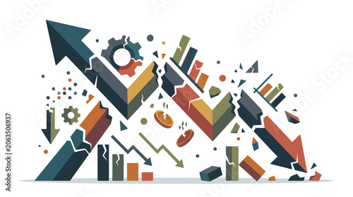 Abstract financial chart showing market volatility and economic decline with broken arrows and bar graphs. EPS Editable. Vector Illustrations.