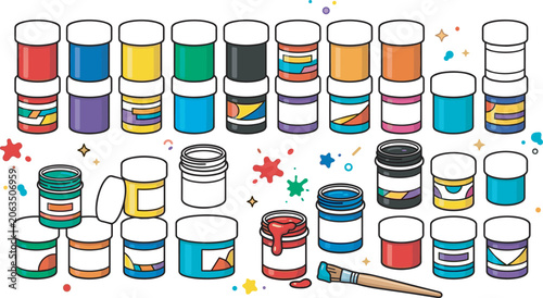 Konstfotografi Art school and workshop supplies collection featuring vibrant gouache jars acryl