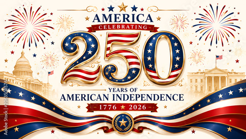 Grand America 250 Anniversary Celebration Banner with Patriotic Ribbons