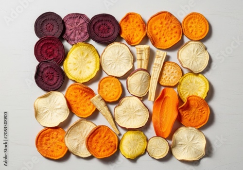 Premium selection of multi-colored dried root vegetable chips presented in a natural, high-resolution food styling arrangement for health, savory, gourmet, potato alternative