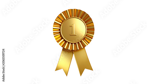 A 3D render of a gold award ribbon on a black background. The ribbon has a circular central area with the number 