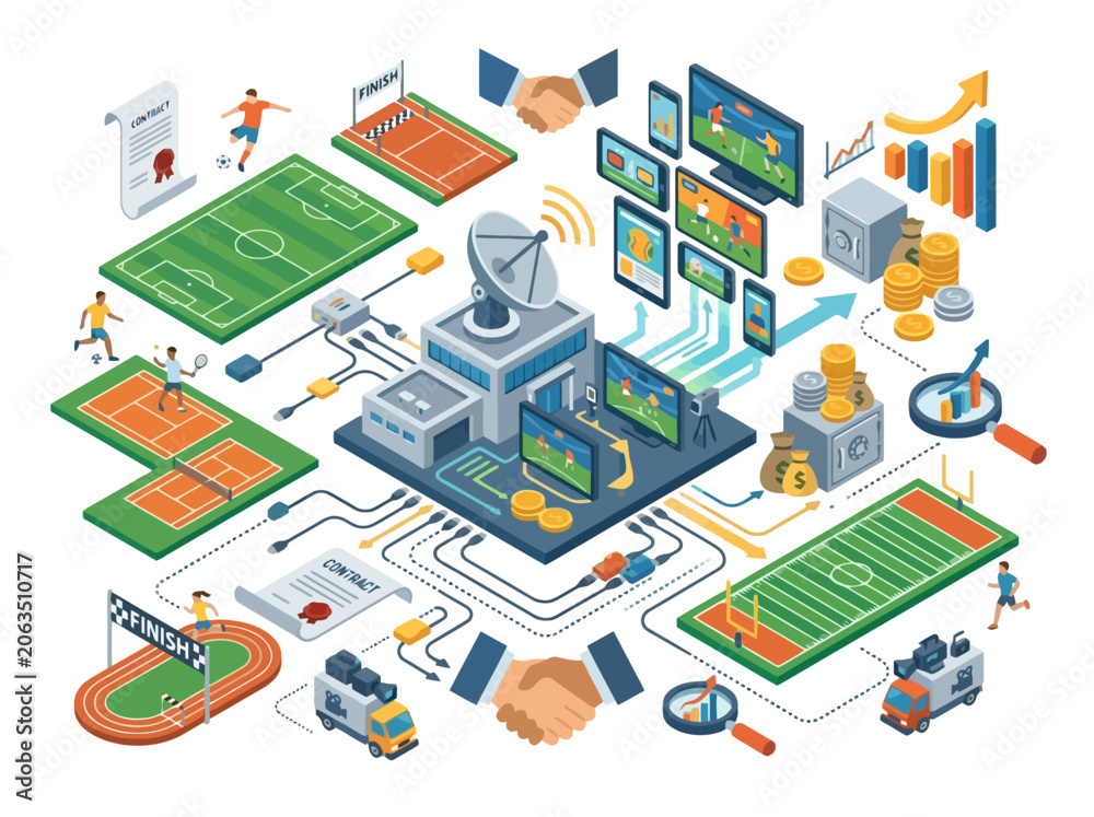 Fototapeta premium Isometric Sports Broadcasting and Digital Media Technology Concept. EPS Editable. Vector Illustrations.