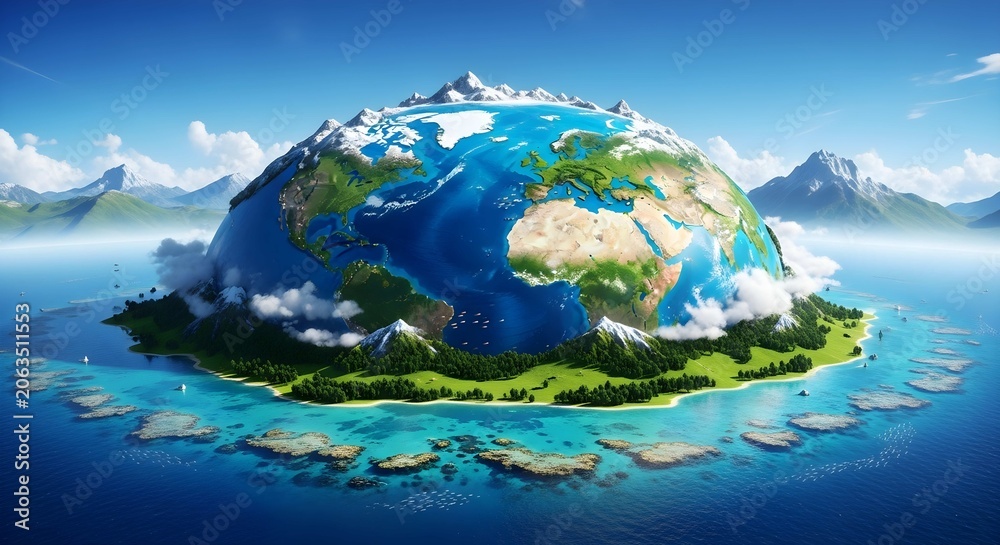 Fototapeta premium Surreal Globe Earth Floating in Tropical Ocean Surrounded by Pristine Mountains and Lush Coastline Landscapes