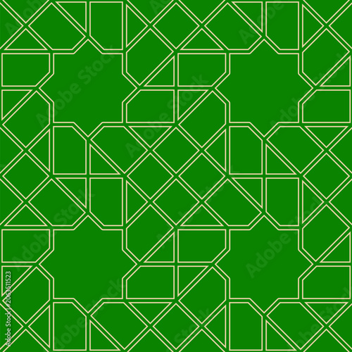 Elegant Islamic Star Pattern with Geometric Line Art on Green Background for Textile, Banner and Decorative Fashion Design