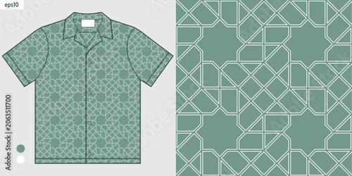 Men Short Sleeve Cotton Shirt with Geometric Print, Hawaiian and Islamic Star Pattern for Mature Masculine Fashion Style, Smart Casual Fashion Design