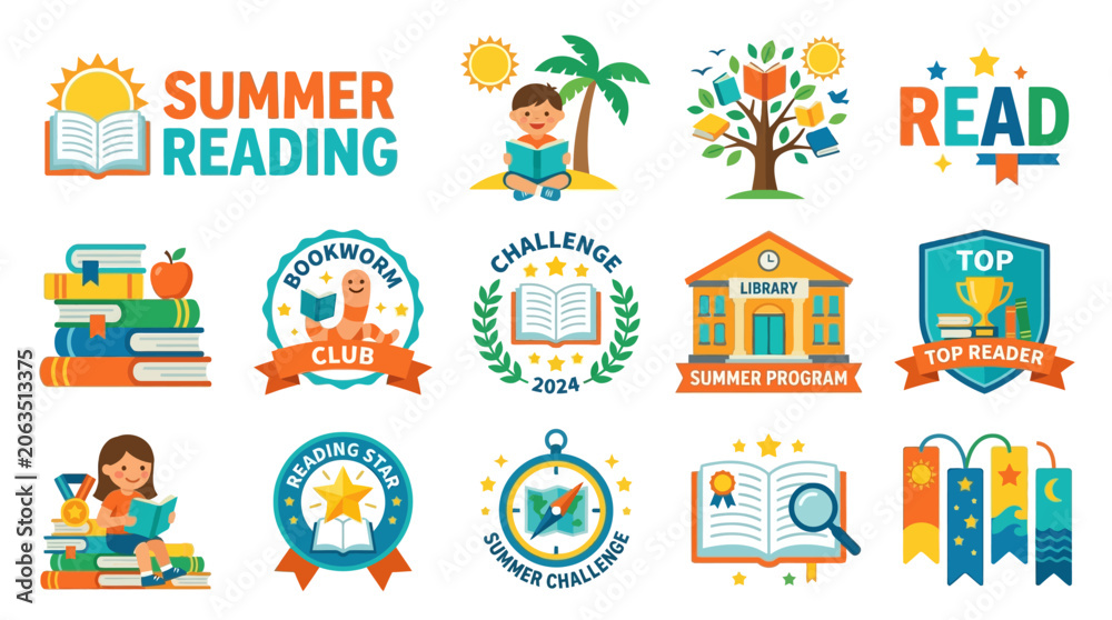 Naklejka premium Children participate in outdoor summer reading challenge with books and badges