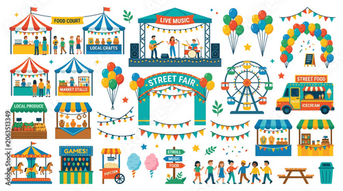 People enjoy various rides and food at a vibrant street fair outdoors