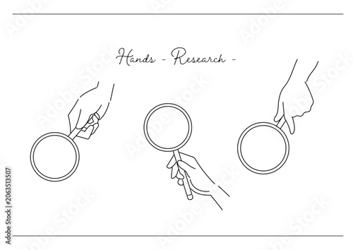 手・虫眼鏡で調べるポーズの線画イラストセット