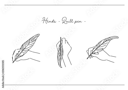 手・羽ペンで書くポーズの線画イラストセット