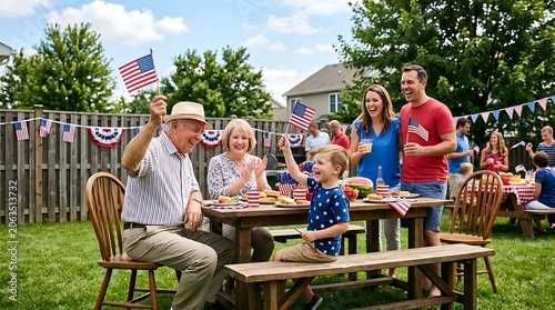 Multi generational family celebrating 4th of July with backyard BBQ