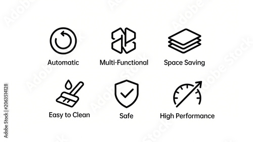 Six minimalist linear home appliance function icons, automatic multifunctional, space saving, easy to clean, safe and high-performance, suitable for promoting minimalist home appliances.
