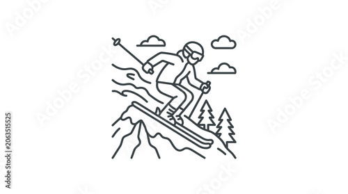 Quadro su tela Line art illustration of skier descending snowy mountain slope.